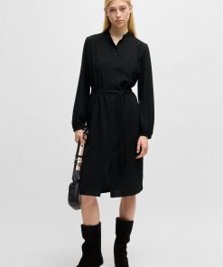 Hugo Boss Dresses-Belted shirt dress in crepe Georgette with stand collar-hugo boss store