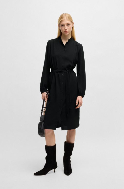 Hugo Boss Dresses-Belted shirt dress in crepe Georgette with stand collar-hugo boss store