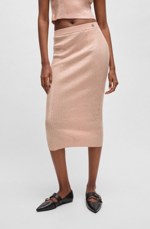 Hugo Boss Skirts-Ribbed midi skirt with transparent sequins in slim fit-boss outlet