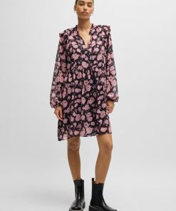 Hugo Boss Dresses-Printed dress with ruffle trims and button cuffs-boss store near me 2