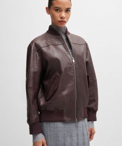 Hugo Boss Jackets and Coats-Leather bomber jacket with embossed crocodile motif-hugo boss near me