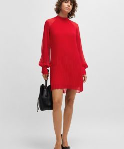 Hugo Boss Dresses-High-neck dress with plissé pleats and sheer sleeves-hugo boss near me