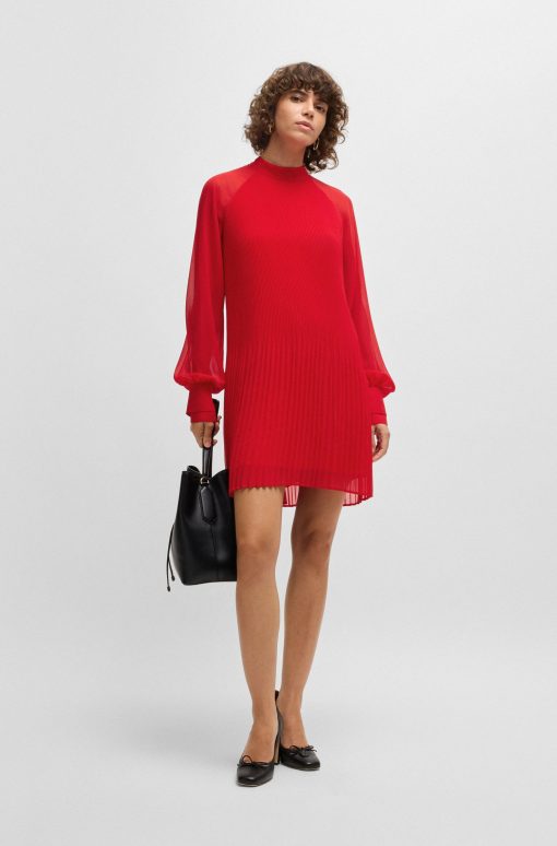 Hugo Boss Dresses-High-neck dress with plissé pleats and sheer sleeves-hugo boss near me