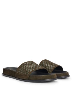 Hugo Boss Sandals-Mixed-leather slides with woven upper strap-hugo