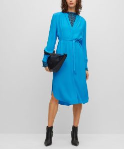 Hugo Boss Dresses-Belted dress with collarless V neckline and button cuffs-boss store