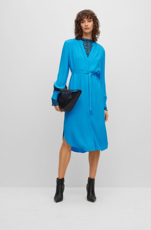 Hugo Boss Dresses-Belted dress with collarless V neckline and button cuffs-boss store