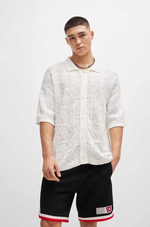 Hugo Boss Sweaters and Cardigans-Relaxed-fit short-sleeved cardigan in crochet cotton-hugo boss store near me