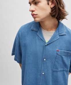 Hugo Boss Shirts-Oversize-fit short-sleeved shirt in blue cotton denim-boss outlet 2