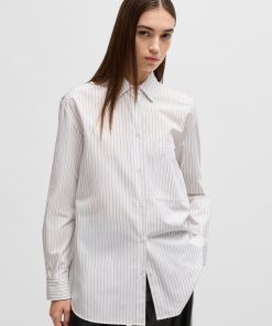 Hugo Boss Blouses-Oversize-fit blouse in striped cotton with butterfly print-hugo boss store near me