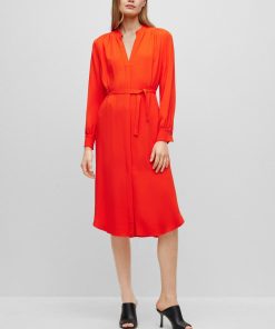 Hugo Boss Dresses-Belted dress with collarless V neckline and button cuffs-boss store near me