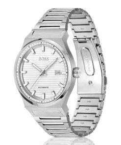 Hugo Boss Watches-Silver-tone automatic watch with white grooved dial-boss outlet 2