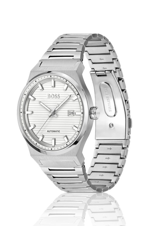 Hugo Boss Watches-Silver-tone automatic watch with white grooved dial-boss outlet - Image 2