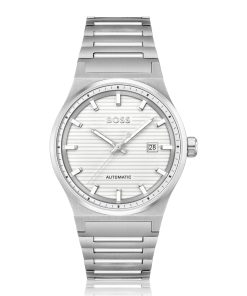 Hugo Boss Watches-Silver-tone automatic watch with white grooved dial-boss outlet