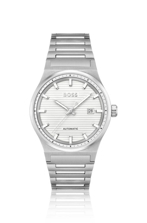 Hugo Boss Watches-Silver-tone automatic watch with white grooved dial-boss outlet