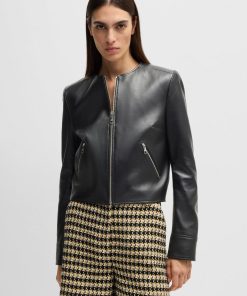 Hugo Boss Jackets and Coats-Collarless leather jacket with zip closure-boss store near me