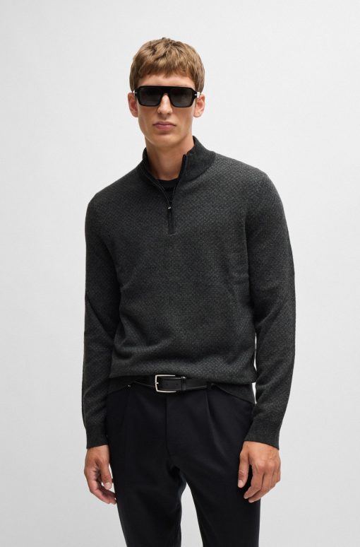 Hugo Boss Sweaters and Cardigans-Zip-neck sweater in wool with jacquard pattern-hugo by hugo boss