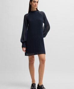 Hugo Boss Dresses-High-neck dress with plissé pleats and sheer sleeves-boss near me 2