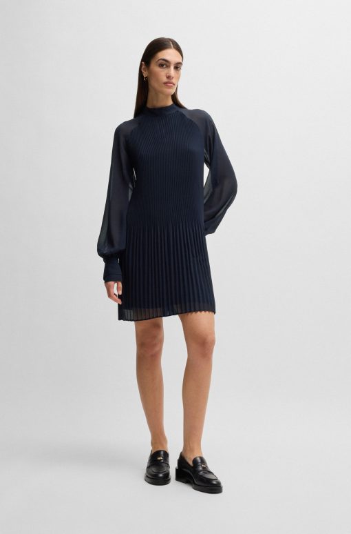 Hugo Boss Dresses-High-neck dress with plissé pleats and sheer sleeves-boss near me - Image 2