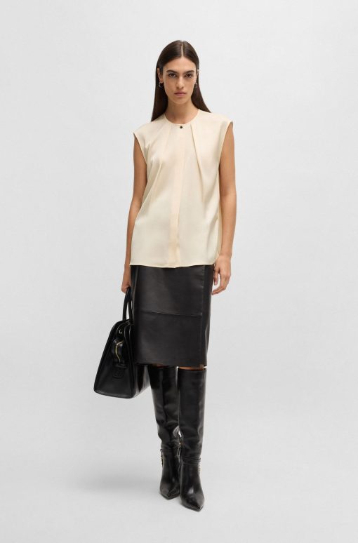 Hugo Boss Blouses-Fitted sleeveless blouse in stretch silk with concealed placket-boss near me - Image 2