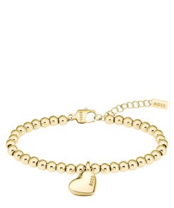 Hugo Boss Jewelry-Gold-tone beaded bracelet with logo heart charm-boss store