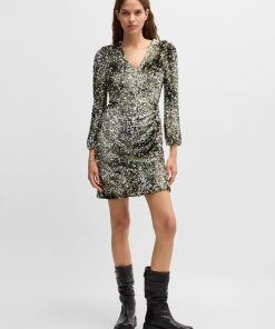 Hugo Boss Dresses-Long-sleeved velour dress with gathered details-hugo boss store near me 2