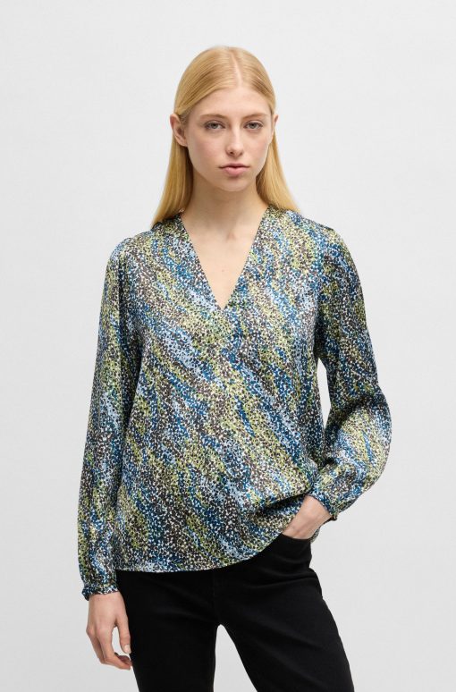 Hugo Boss Blouses-Regular-fit blouse with V neckline in printed satin-hugoboss