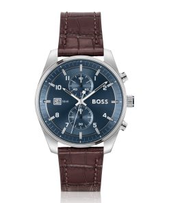 Hugo Boss Watches-Blue-dial chronograph watch with alligator-embossed leather strap-hugo boss store near me