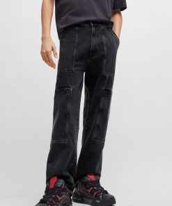 Hugo Boss Pants-Loose-fit jeans in black denim with adjustable hems-hugo boss store near me