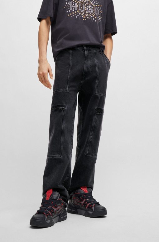 Hugo Boss Pants-Loose-fit jeans in black denim with adjustable hems-hugo boss store near me