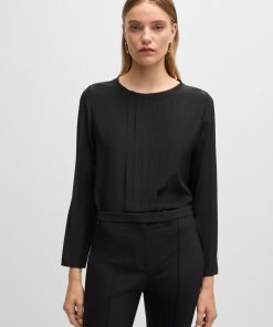 Hugo Boss Blouses-Long-sleeved blouse in washed silk with pleated front-boss store