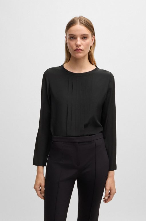 Hugo Boss Blouses-Long-sleeved blouse in washed silk with pleated front-boss store