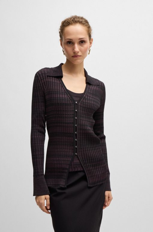 Hugo Boss Sweaters and Cardigans-V-neck cardigan in ribbed stretch fabric with collar-hugo boss sale