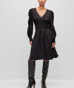 Hugo Boss Dresses-Long-sleeved dress in hammered satin with V neckline-boss store near me 2