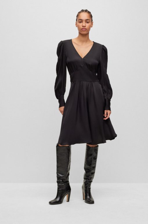 Hugo Boss Dresses-Long-sleeved dress in hammered satin with V neckline-boss store near me - Image 2