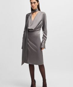 Hugo Boss Dresses-Long-sleeved dress with scarf neckline-boss outlet 2