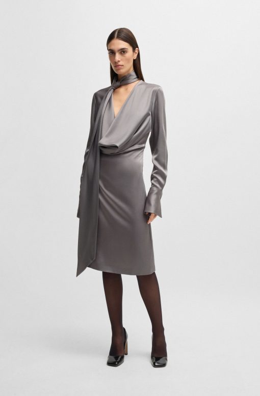 Hugo Boss Dresses-Long-sleeved dress with scarf neckline-boss outlet - Image 2