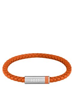 Hugo Boss Cufflinks and Jewelry-Orange braided-leather cuff with magnetic logo closure-hugo boss near me