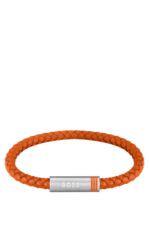 Hugo Boss Cufflinks and Jewelry-Orange braided-leather cuff with magnetic logo closure-hugo boss near me