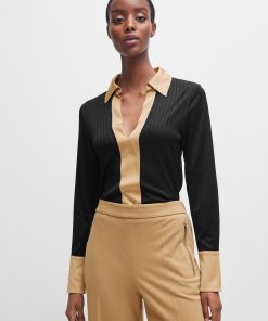 Hugo Boss-Ribbed long-sleeved blouse with Johnny collar-hugo boss outlet