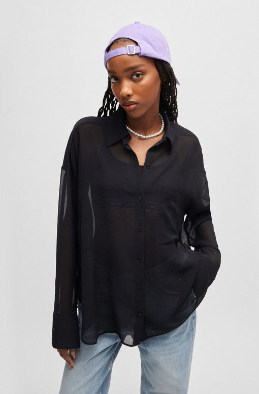 Hugo Boss Blouses-Oversize-fit blouse in sheer seersucker with point collar-hugo boss sale