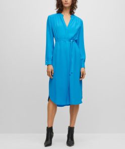 Hugo Boss Dresses-Belted dress with collarless V neckline and button cuffs-boss store 2