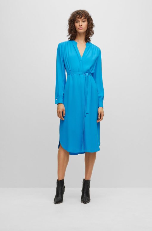 Hugo Boss Dresses-Belted dress with collarless V neckline and button cuffs-boss store - Image 2