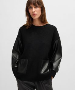 Hugo Boss Sweaters and Cardigans-Wool sweater with faux-leather sleeves-hugo boss store