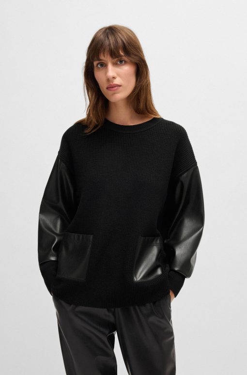 Hugo Boss Sweaters and Cardigans-Wool sweater with faux-leather sleeves-hugo boss store