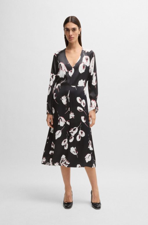 Hugo Boss Dresses-Satin V-neck dress with tulip print-boss hugo - Image 2