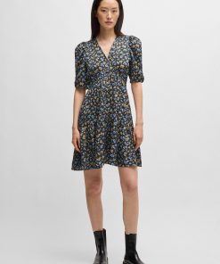 Hugo Boss Dresses-V-neck dress in printed satin with gathered sleeves-hugoboss 2