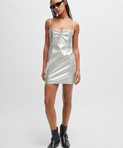 Hugo Boss Dresses-Metallic faux-leather mini dress with notch neckline-boss store 2